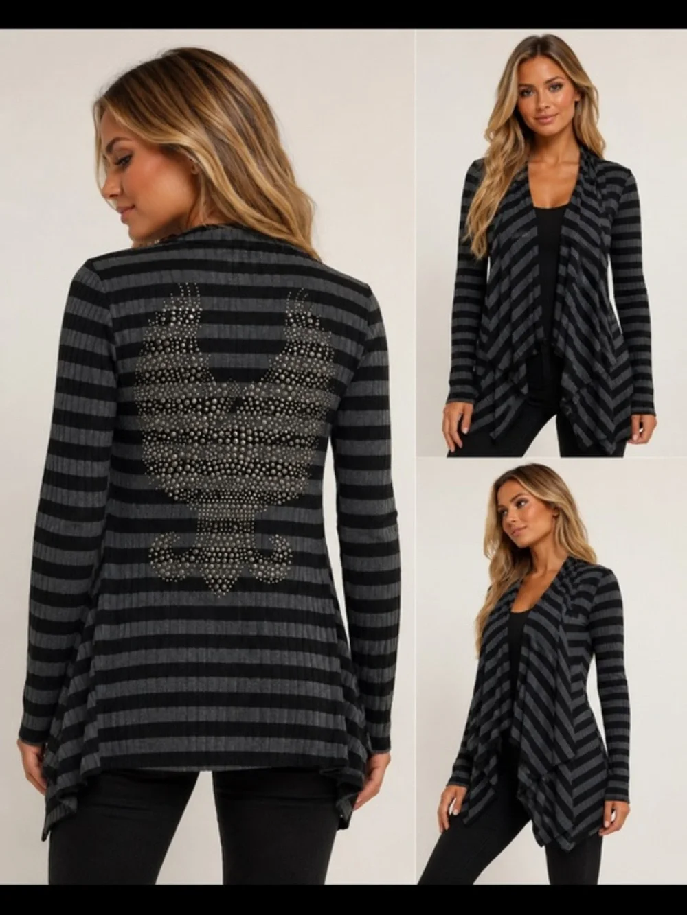 S.Twelve Gray Black Striped Skull Rhinestone Draped Cardigan Duster small